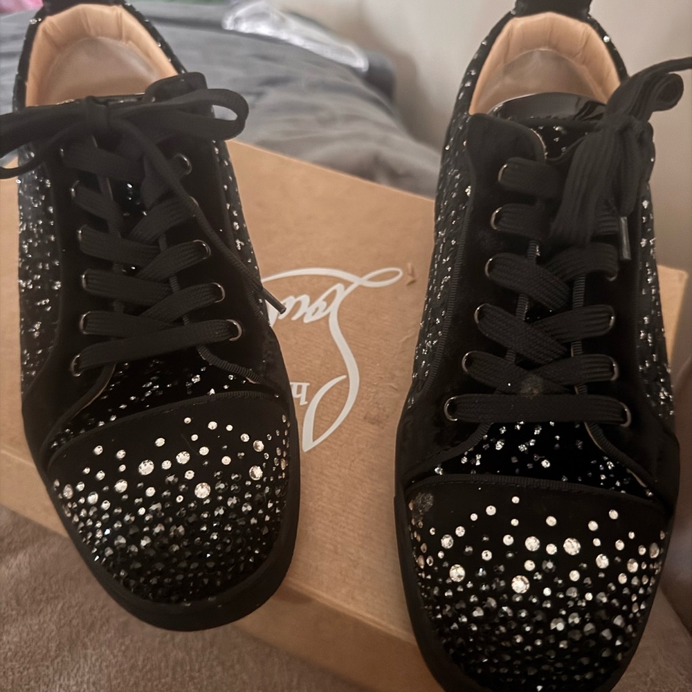 Christian Louboutin Black Crystal-Studded Velvet Lace-Up Sneakers